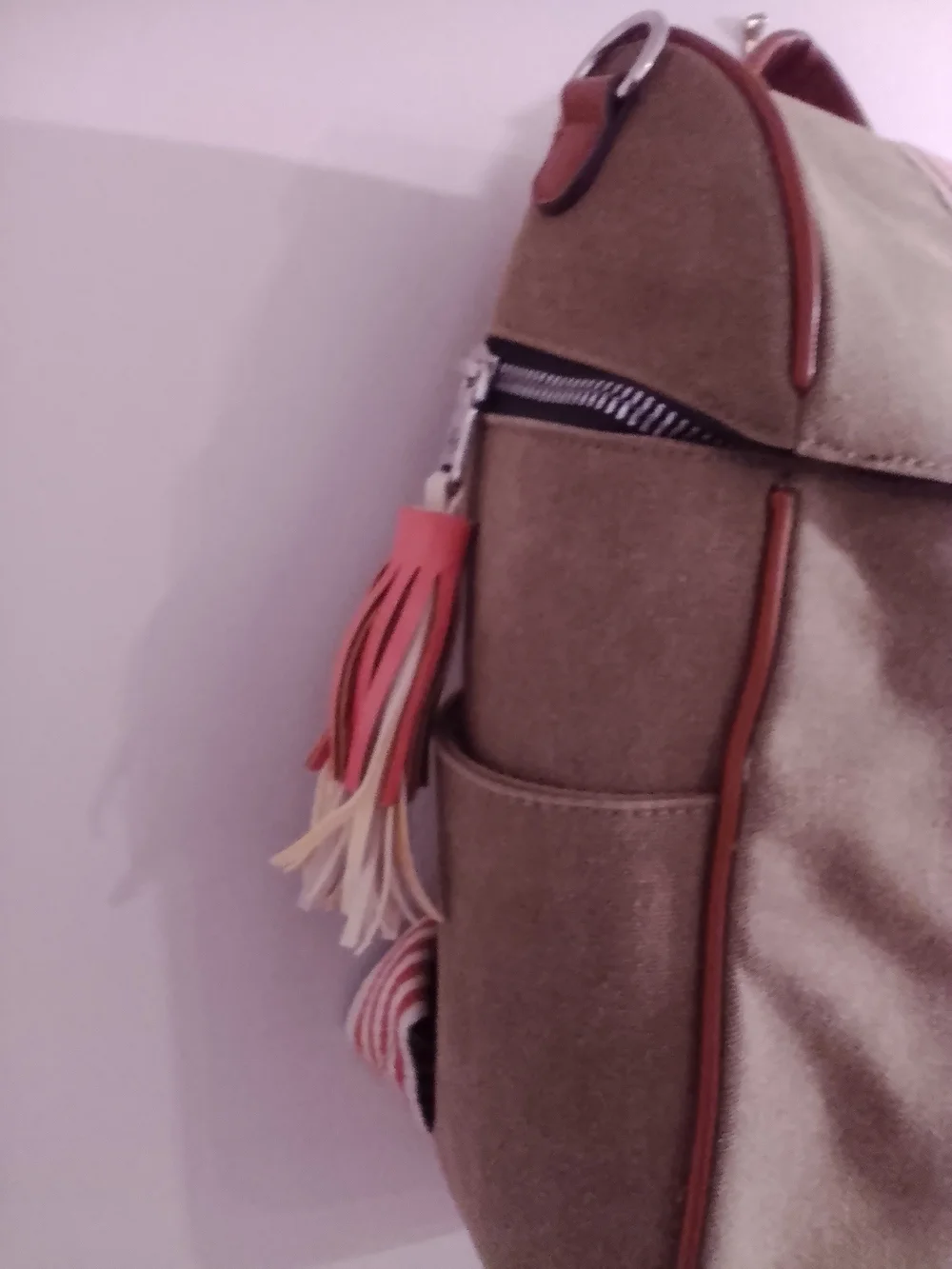 Unbranded Khaki Canvas Backpack with Red-White Stripe